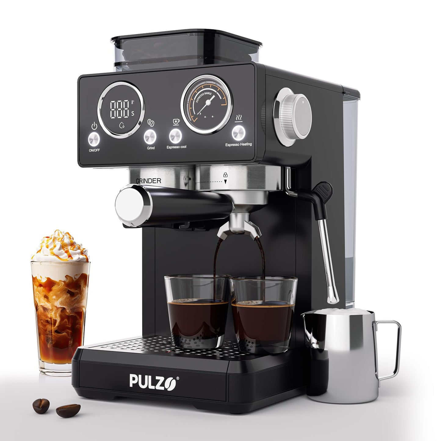 PULZO Espresso Machine with Grinder, 20 Bar All-in-One Coffee Maker with Milk Steam Wand/Frother,Pr…