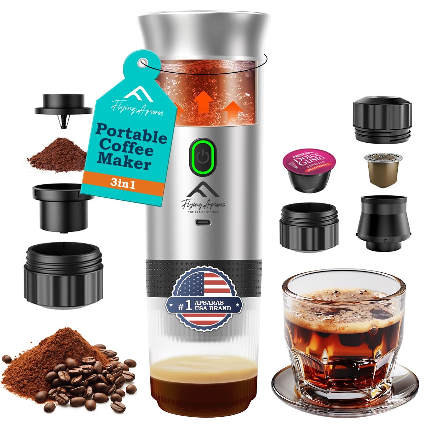 APSARAS USA Portable Coffee Maker, Portable Espresso Maker, 20 bar Mini Espresso Machine, 3in1 Elecโฆ