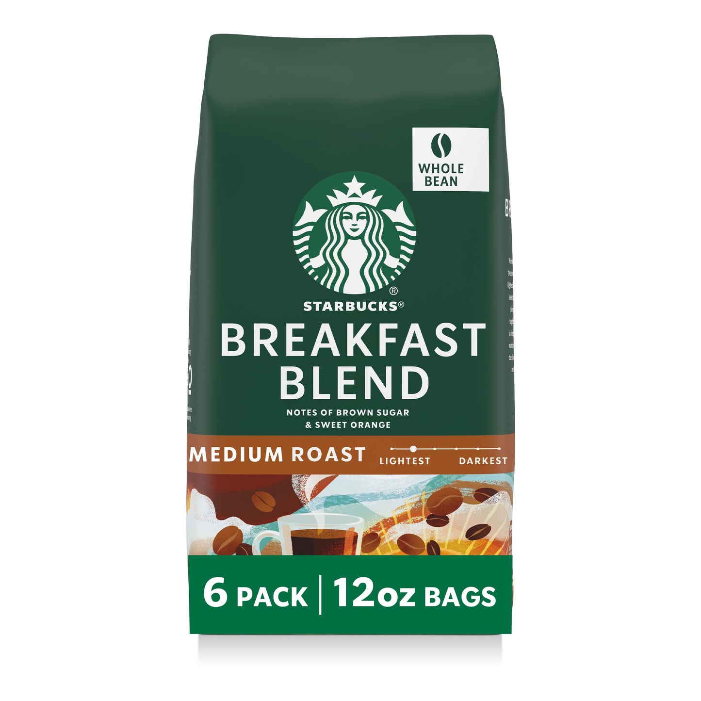 Starbucks Whole Coffee Beans, Medium Roast Hot or Iced Coffee, Breakfast Blend, Six 12 oz Bags