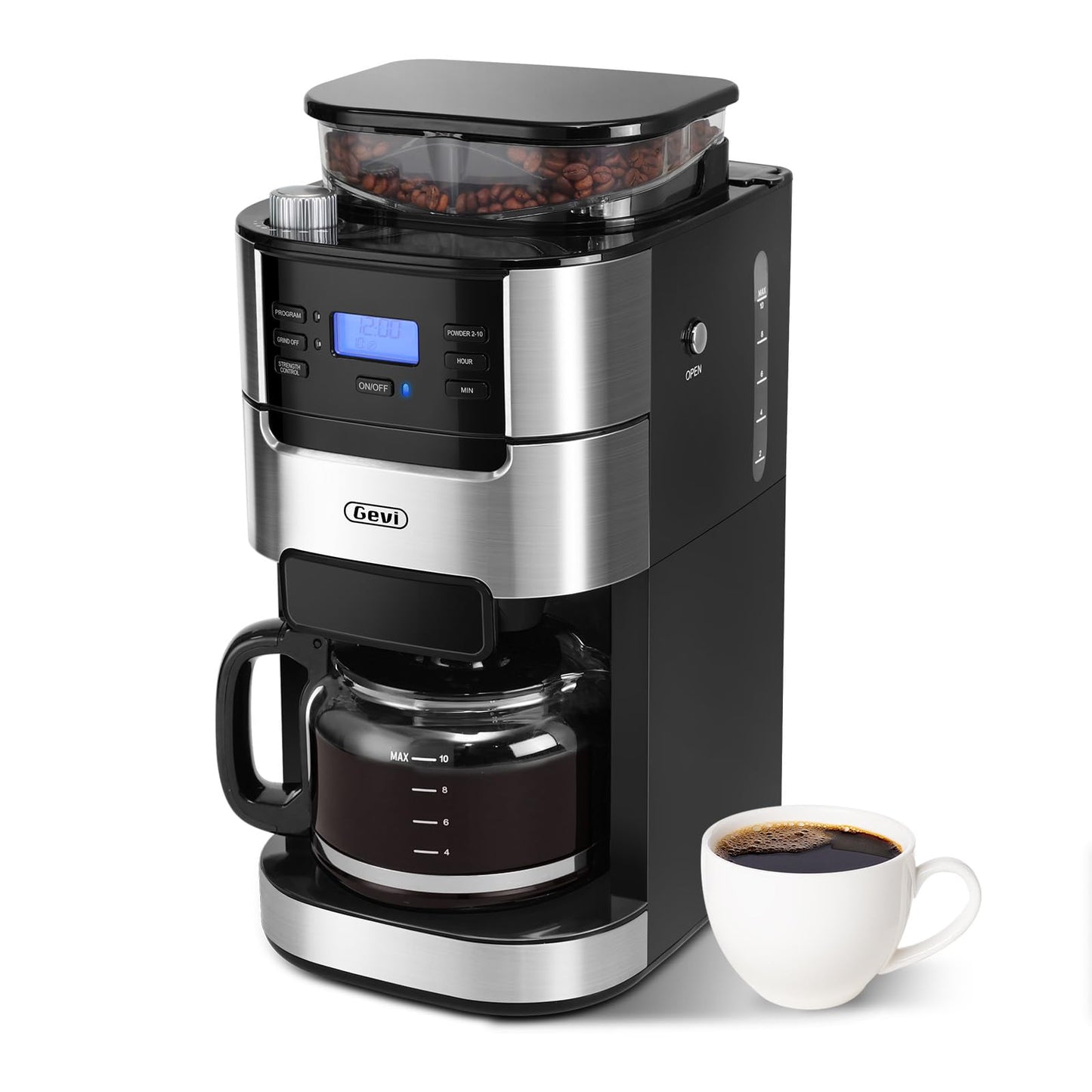 Gevi 10-Cup Drip Coffee Maker with Built-in Burr Grinder & Programmable Timer, 1.5L Water Tank, Autโฆ