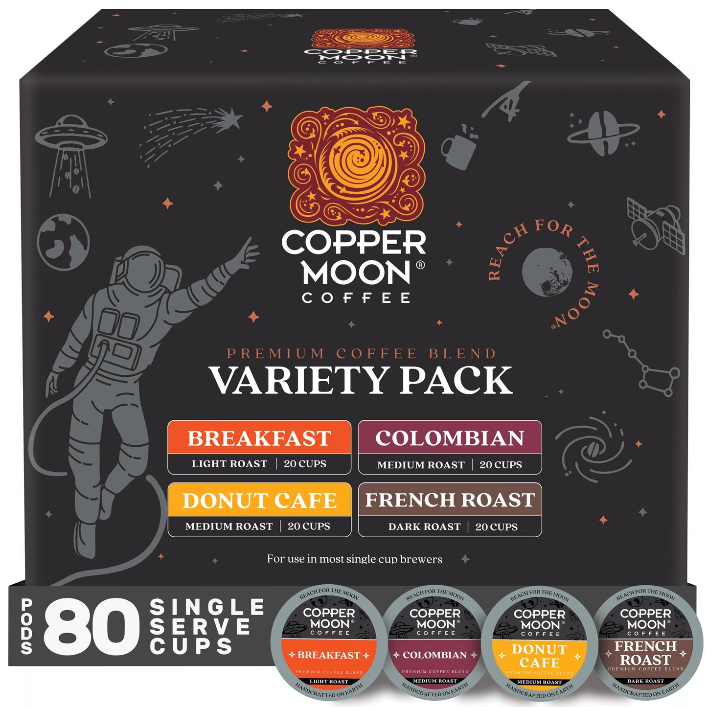 Copper Moon Single Serve Coffee Pods For Keurig K-Cup Brewers, Light Medium & Dark Roast, Variety P…