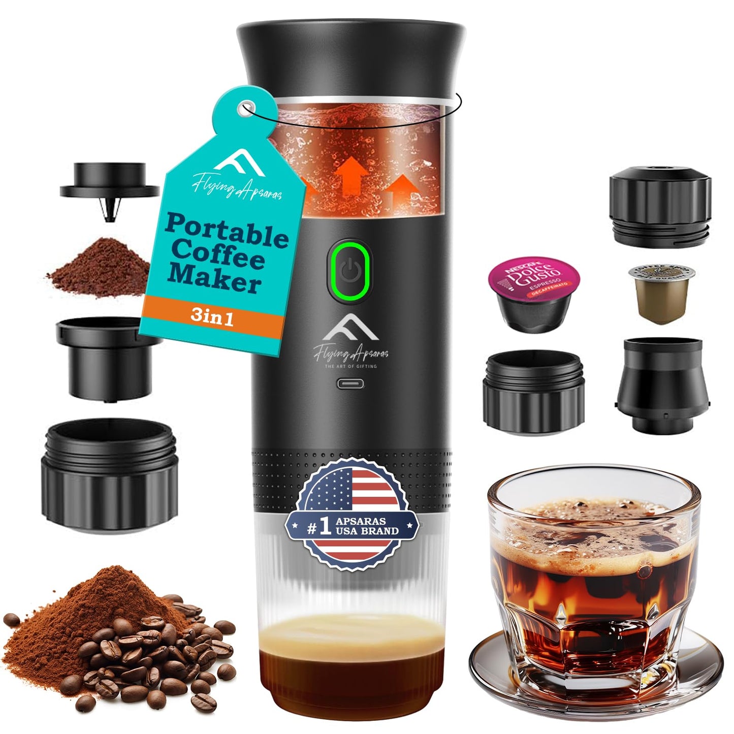 APSARAS USA Portable Coffee Maker for Travel, Portable Espresso Maker, 20 bar Mini Espresso Machineโฆ