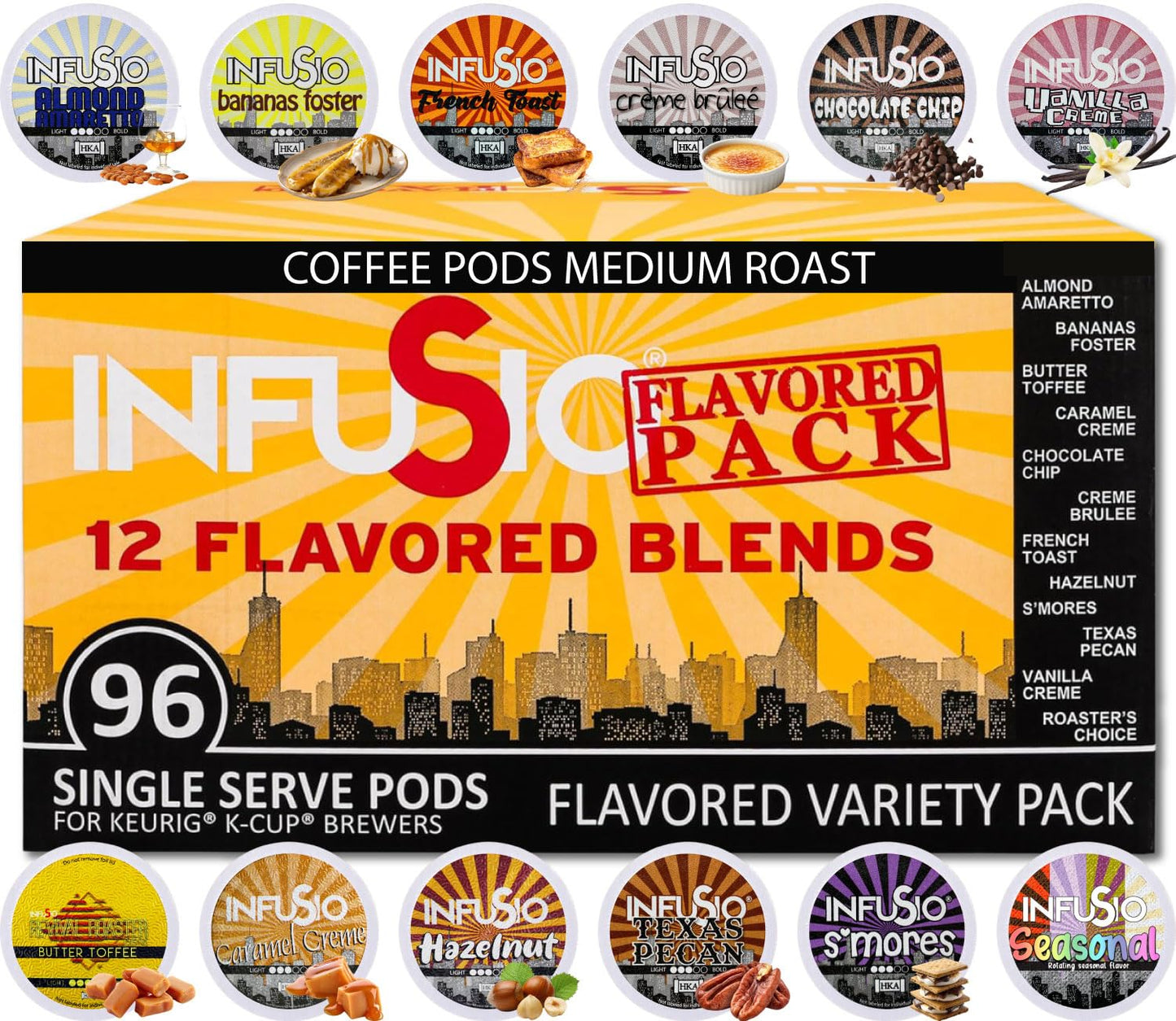 InfuSio Flavored Coffee Pods Variety Pack โ 96 Count, 12 Gourmet Medium Roast Dessert-Inspired Blenโฆ