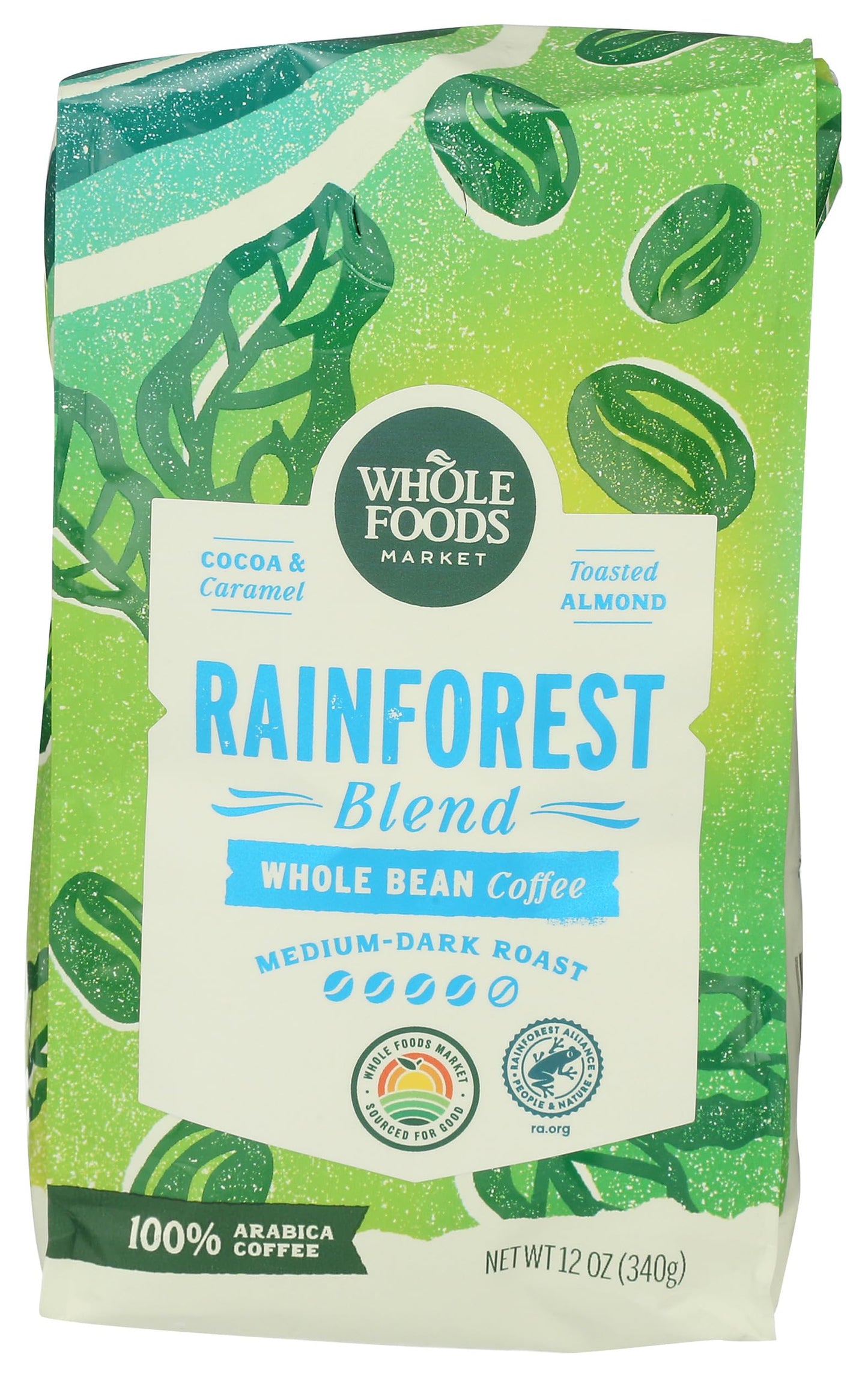 Whole Foods Market, Rainforest Blend Medium-Dark Roast Whole Bean Coffee, Cocoa, Caramel & Toasted …