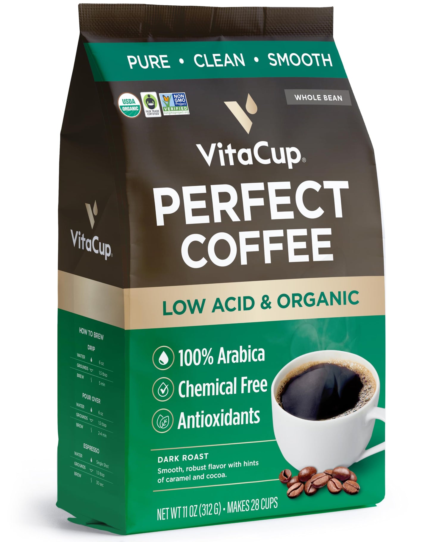 VitaCup Perfect Low Acid Coffee Beans, USDA Organic & Fair Trade, Mycotoxin Free, Dark Roast Guatem…