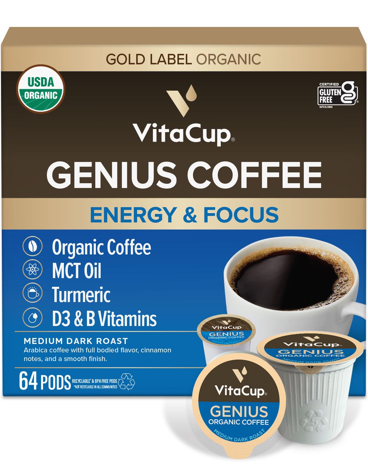 VitaCup Organic Genius Keto Coffee Pods, Increase Energy & Focus w/MCT Oil, Turmeric, B Vitamins, D…