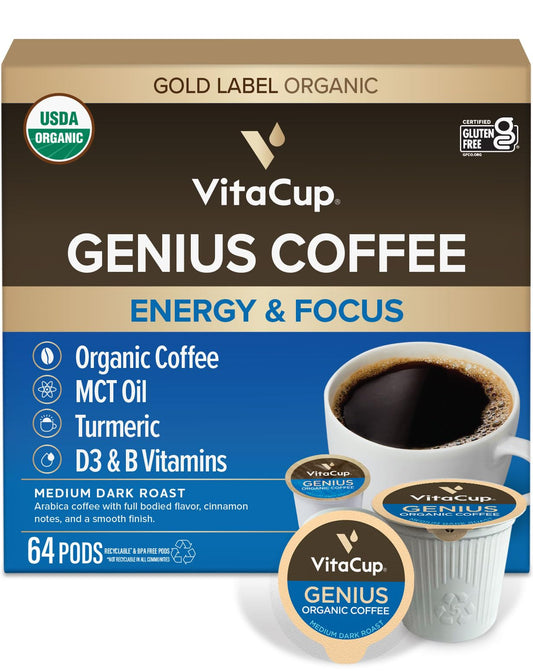 VitaCup Organic Genius Keto Coffee Pods, Increase Energy & Focus w/MCT Oil, Turmeric, B Vitamins, D…