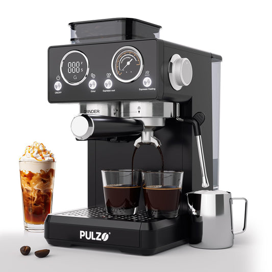 PULZO Espresso Machine with Grinder, 20 Bar All-in-One Coffee Maker with Milk Steam Wand/Frother，Pr…