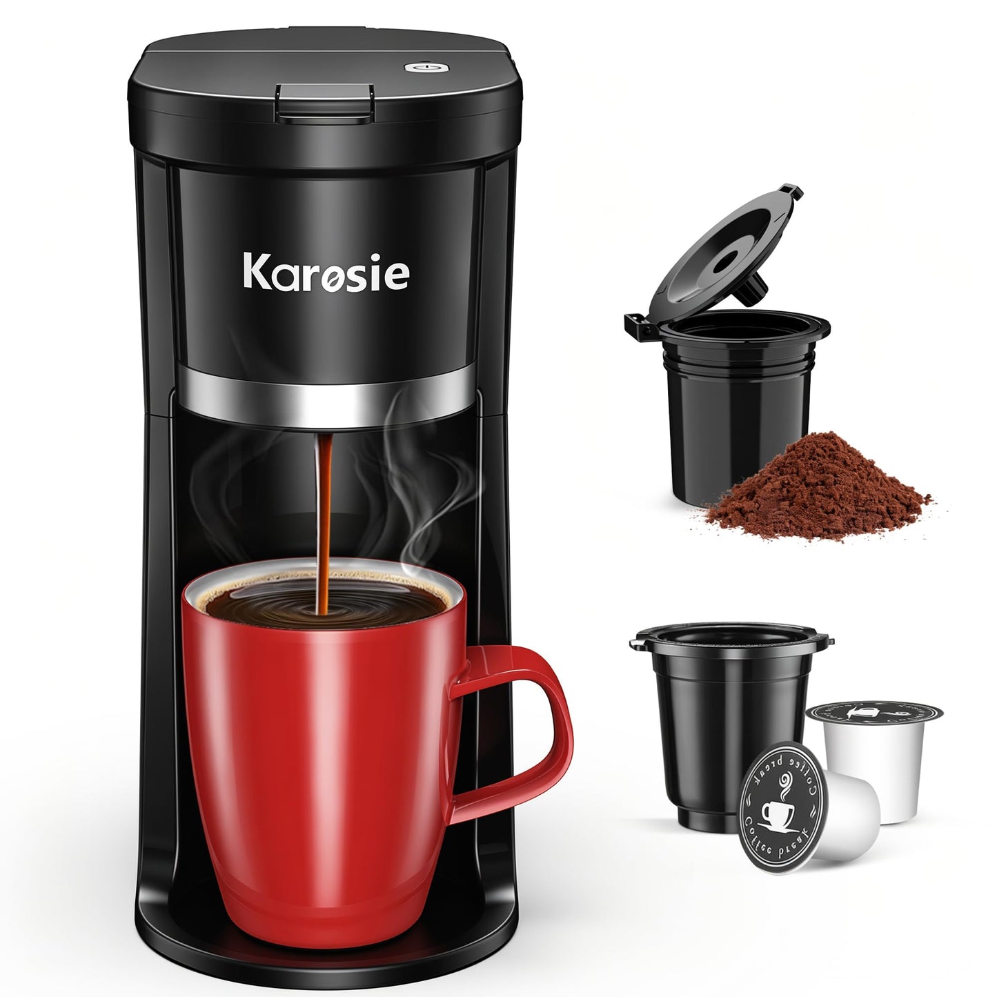 Small Single Serve Coffee Maker, Fast Brew for K-Cup & Ground Coffee, 6-12 Oz Brew Sizes, One-Butto…