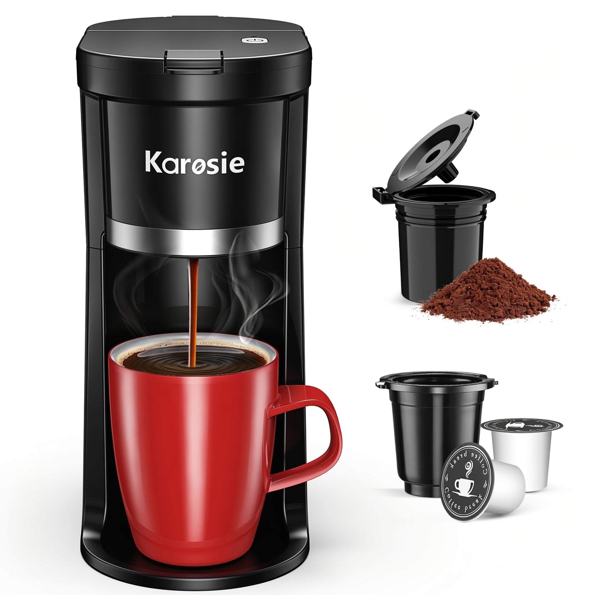 Small Single Serve Coffee Maker, Fast Brew for K-Cup & Ground Coffee, 6-12 Oz Brew Sizes, One-Butto…