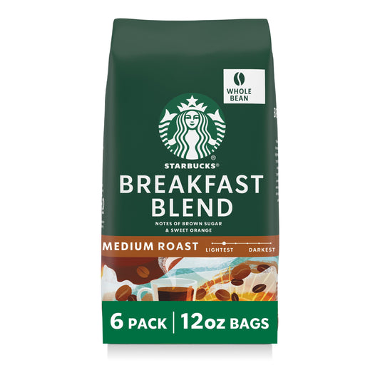 Starbucks Whole Coffee Beans, Medium Roast Hot or Iced Coffee, Breakfast Blend, Six 12 oz Bags​