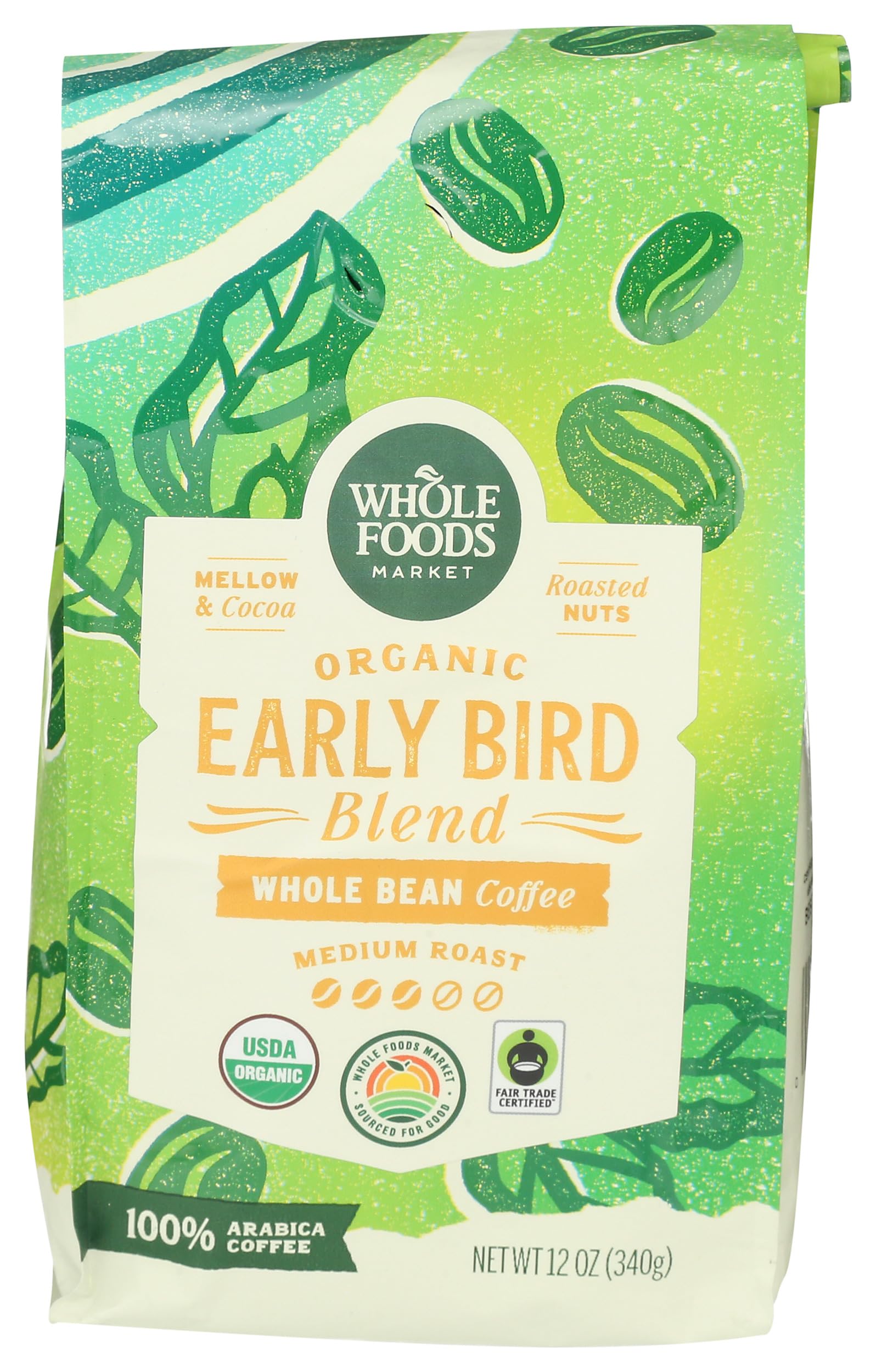 Whole Foods Market, Organic Early Bird Blend, Medium Roast Whole Bean Coffee, Cocoa & Roasted Nuts,…
