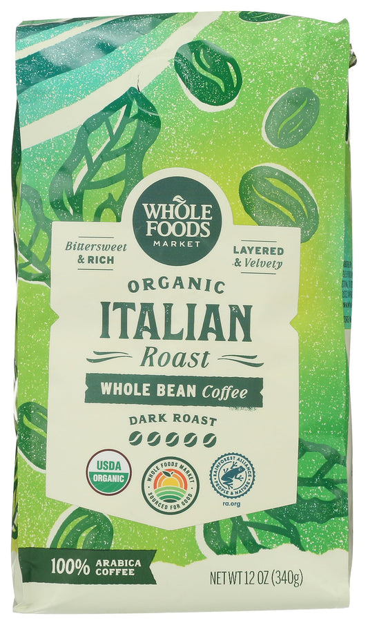 Whole Foods Market, Organic Whole Bean Coffee, Dark Italian Roast, Bittersweet, Rich & Velvety, 12 …