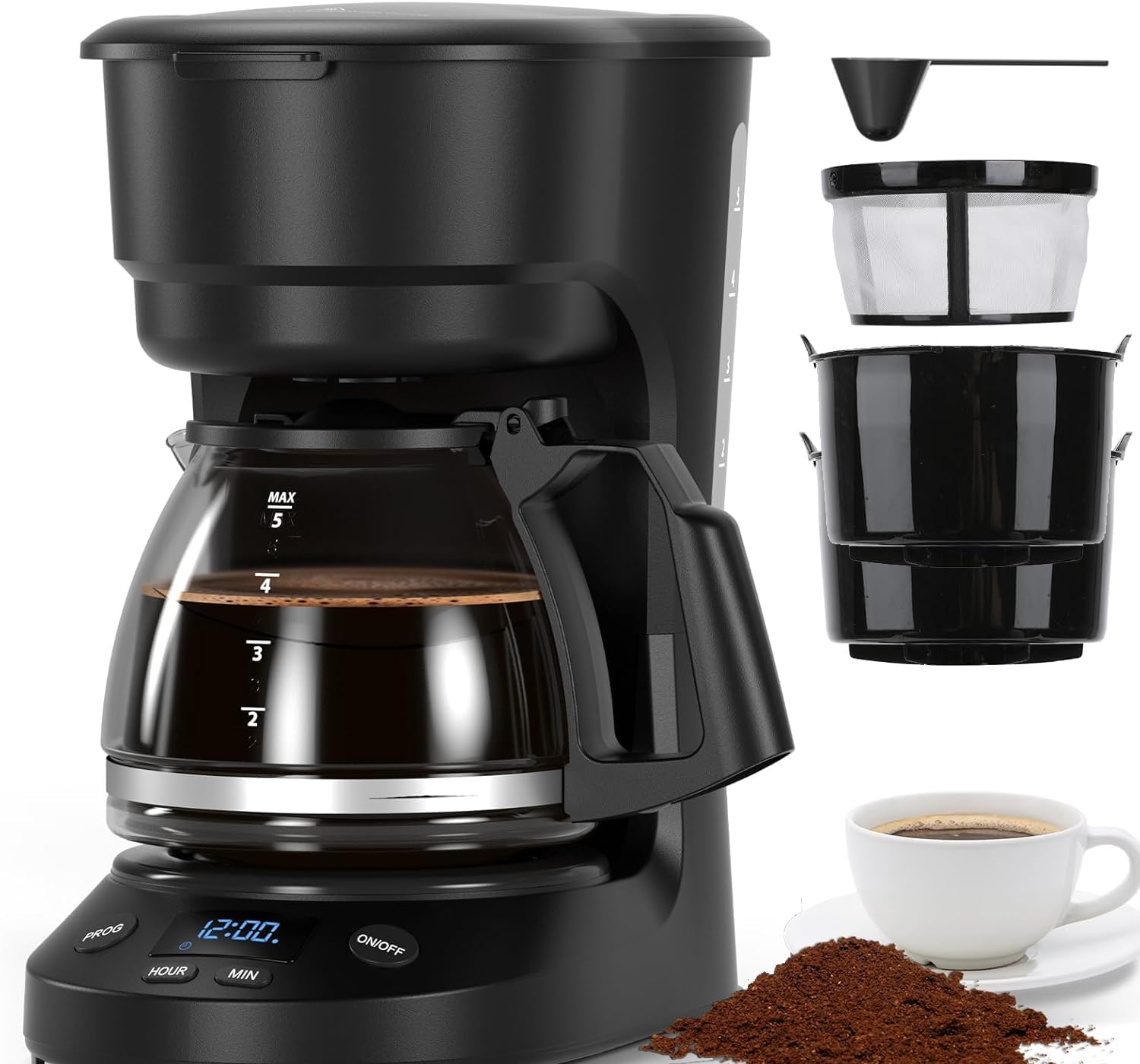 Electactic 5 Cup Programmable Drip Coffee Maker, 24H Delay Brew, 2H Keep Warm & Auto Shut Off, Paus…