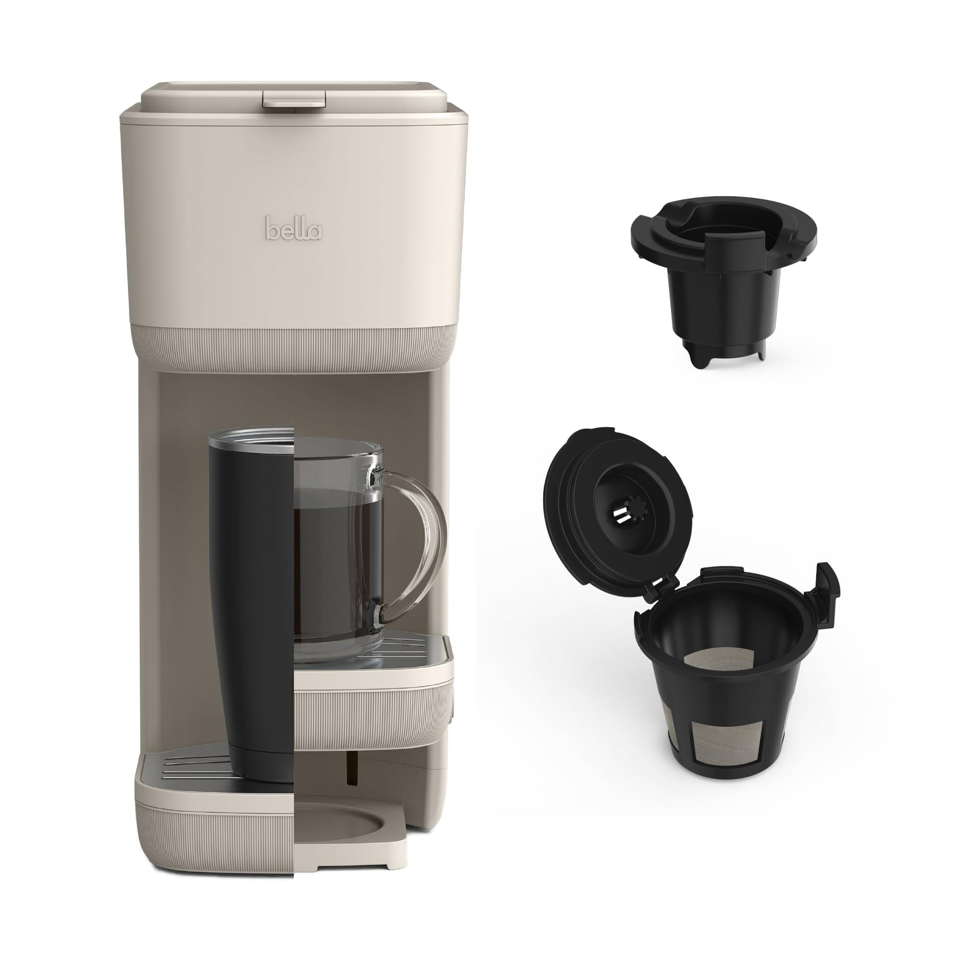 BELLA Single Serve Coffee Maker, K Cup & Coffee Ground Compatible with Removable, Adjustable Drip T…