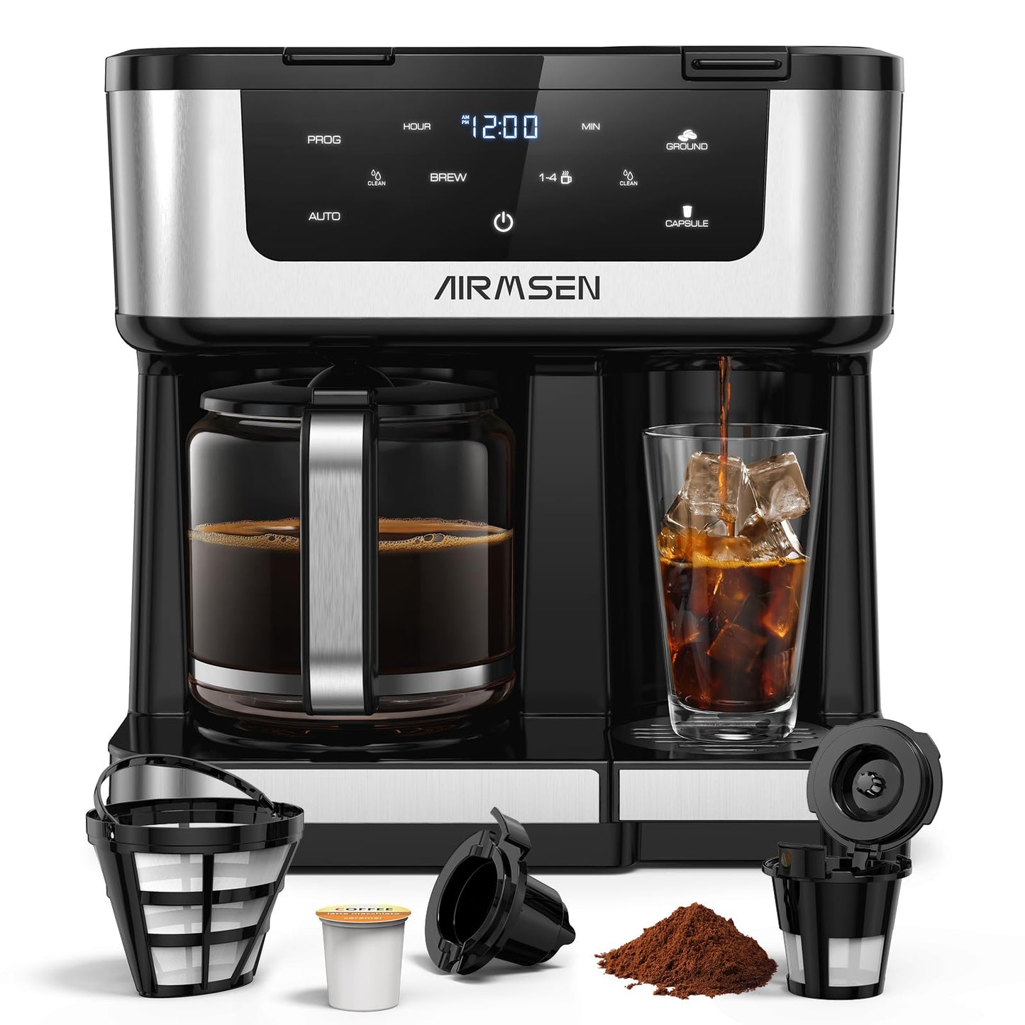 AIRMSEN 12-Cup Programmable Dual Coffee Maker – Single Serve Machine for K-Cup Pods & Ground, 1000W…