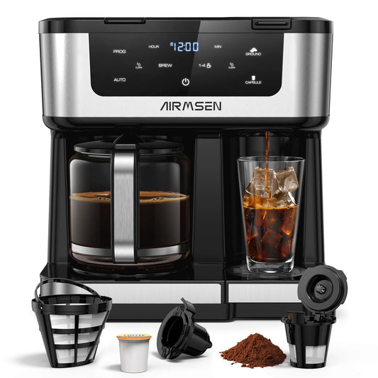 AIRMSEN 12-Cup Programmable Dual Coffee Maker – Single Serve Machine for K-Cup Pods & Ground, 1000W…