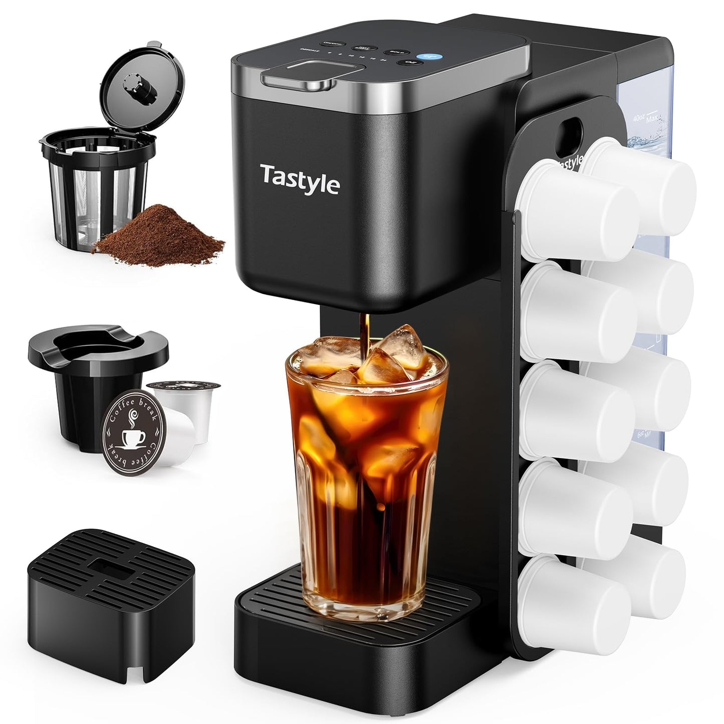 Tastyle Hot & Iced Coffee Maker with Magnetic K-Pod Organizer (Pods Not Included), Stores 10 Pods, …