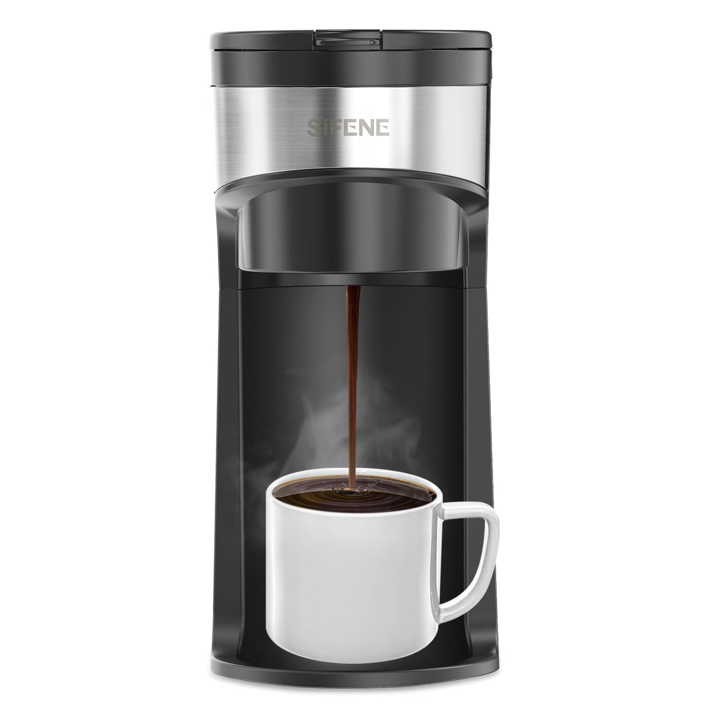 SIFENE Mini Coffee Maker Single Serve, One Cup for K Pod & Ground Coffee, 6 to 12 Oz Brew Sizes, Ca…
