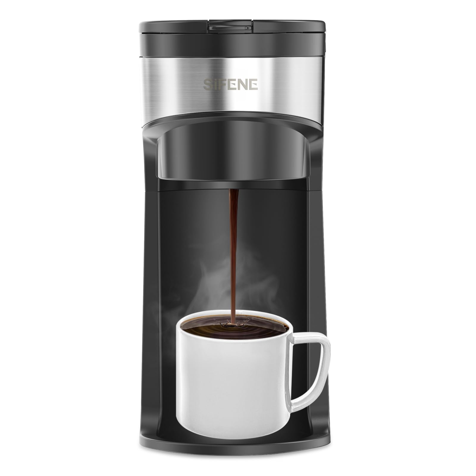SIFENE Mini Coffee Maker Single Serve, One Cup for K Pod & Ground Coffee, 6 to 12 Oz Brew Sizes, Ca…