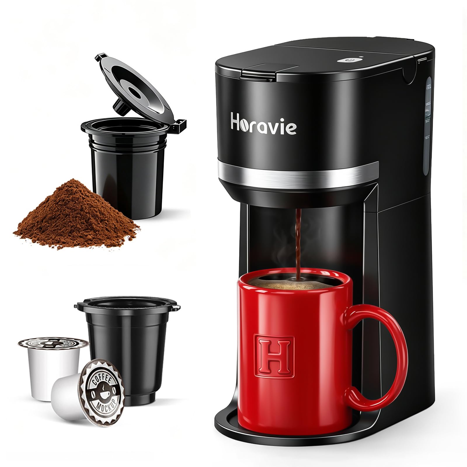 Horavie Small Single Serve Coffee Maker for K Cup and Grounds, Fast Brew One Cup Coffee Machine wit…