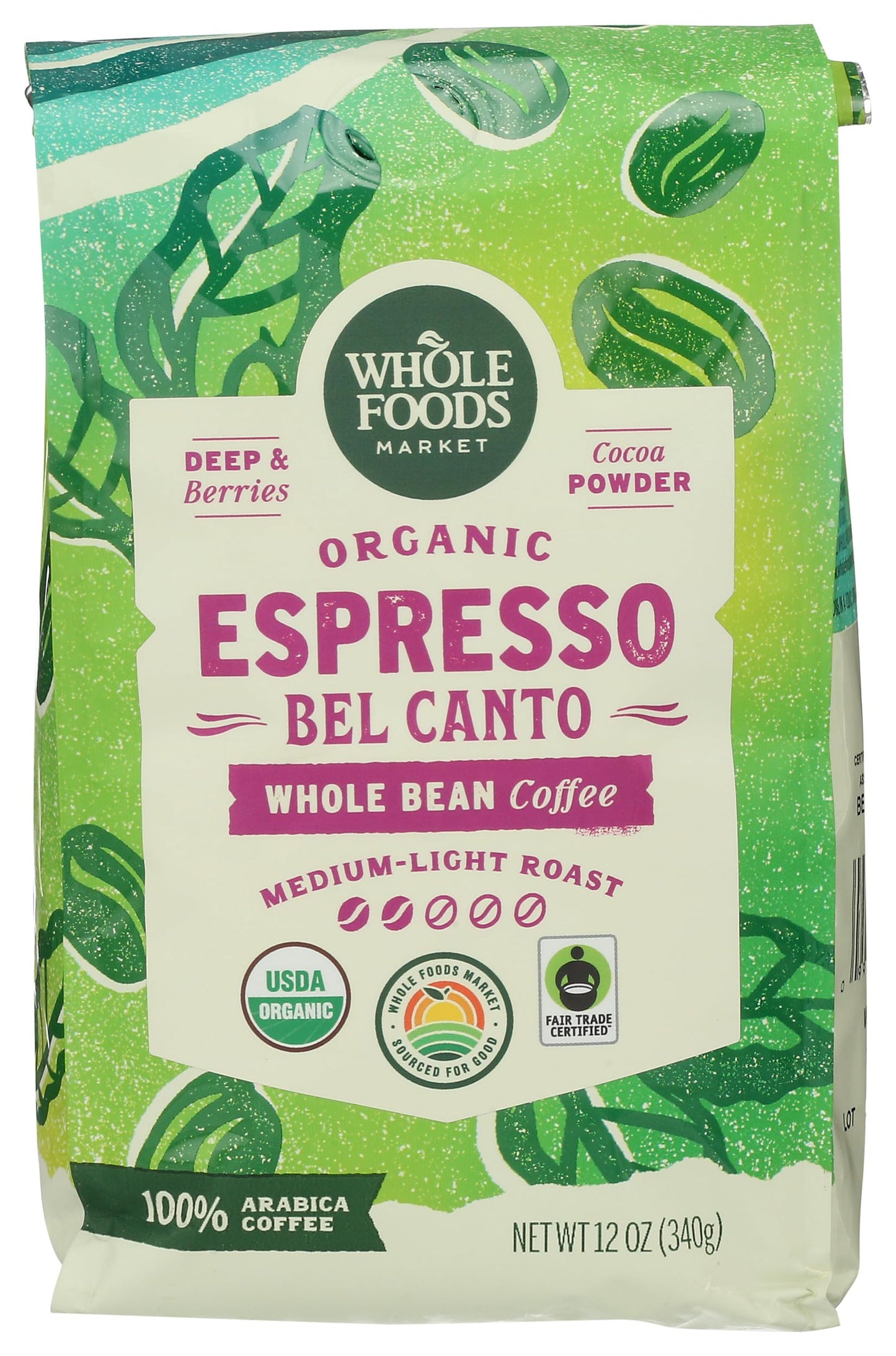 Whole Foods Market, Organic Espresso Bel Canto Whole Bean Coffee, Medium-Light Roast, Berries & Coc…