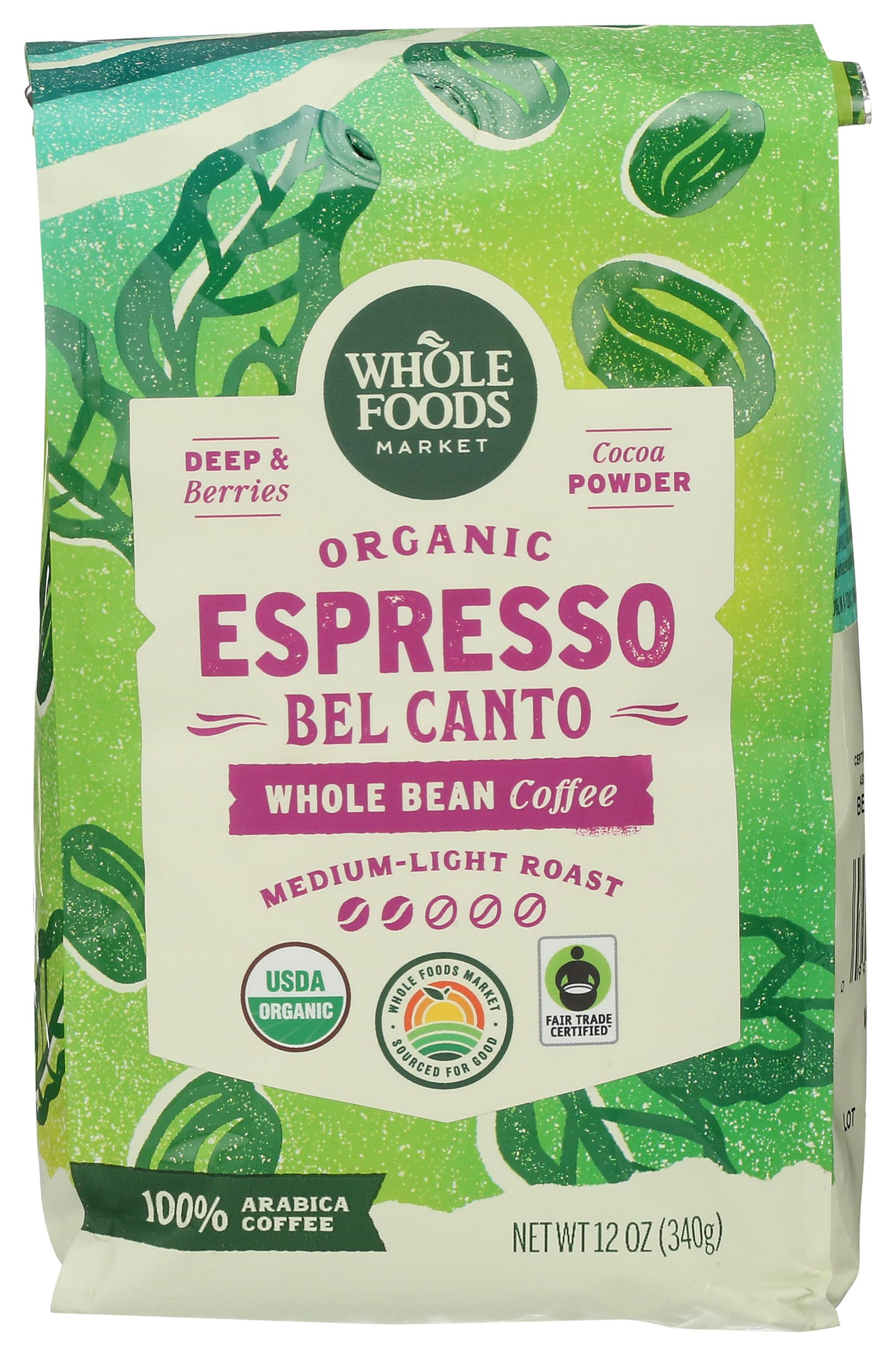 Whole Foods Market, Organic Espresso Bel Canto Whole Bean Coffee, Medium-Light Roast, Berries & Coc…