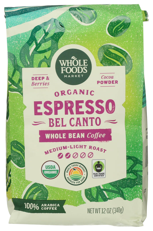 Whole Foods Market, Organic Espresso Bel Canto Whole Bean Coffee, Medium-Light Roast, Berries & Coc…