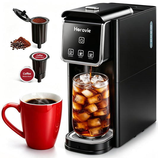 Horavie Hot and Iced Single Serve Coffee Maker, for K-Pod and Grounds, Strong Brew Setting, 6-12 Oz…