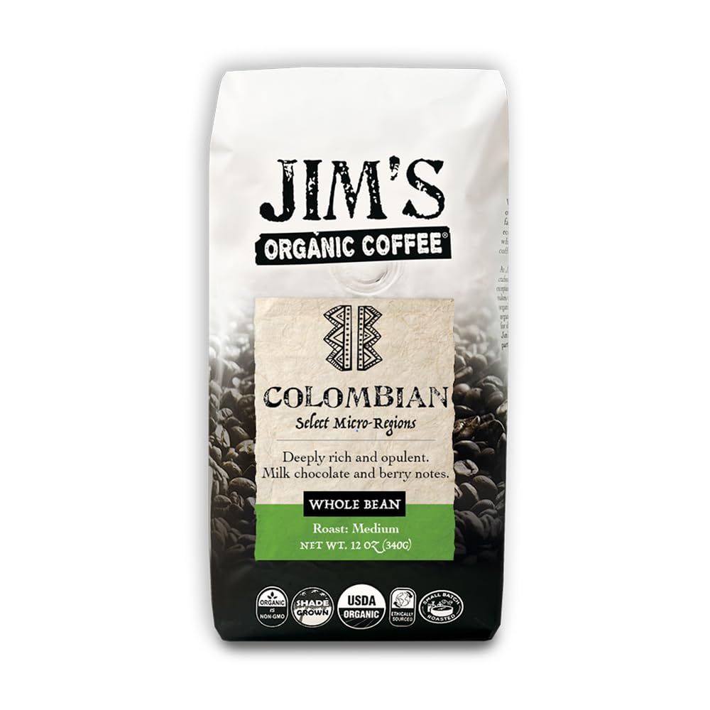 Jim’s Organic Coffee – Colombian – Single Origin, Medium Roast - Whole Bean 12 oz Bag