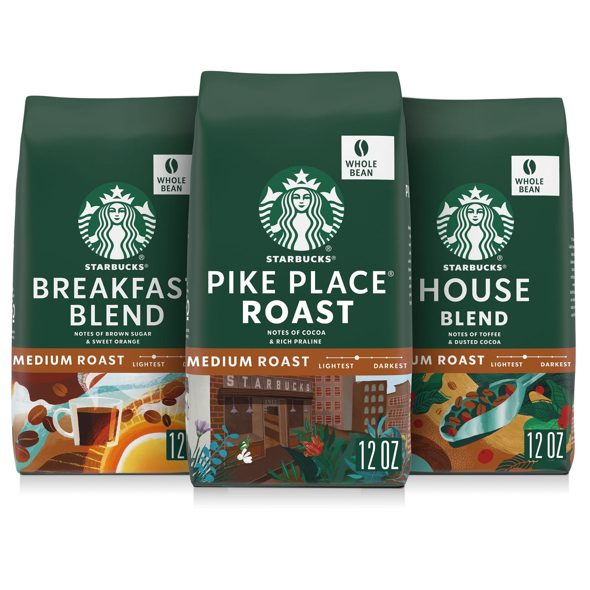 Starbucks Whole Coffee Beans, Medium Roast Hot or Iced Coffee, Variety Pack, Three 12 oz Bags