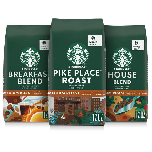 Starbucks Whole Coffee Beans, Medium Roast Hot or Iced Coffee, Variety Pack, Three 12 oz Bags