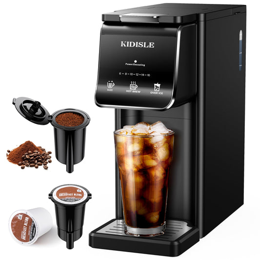 KIDISLE Hot & Iced Single Serve Coffee Maker for K Cup & Grounds, 6–16oz Brew Sizes, 40oz Water Tan…
