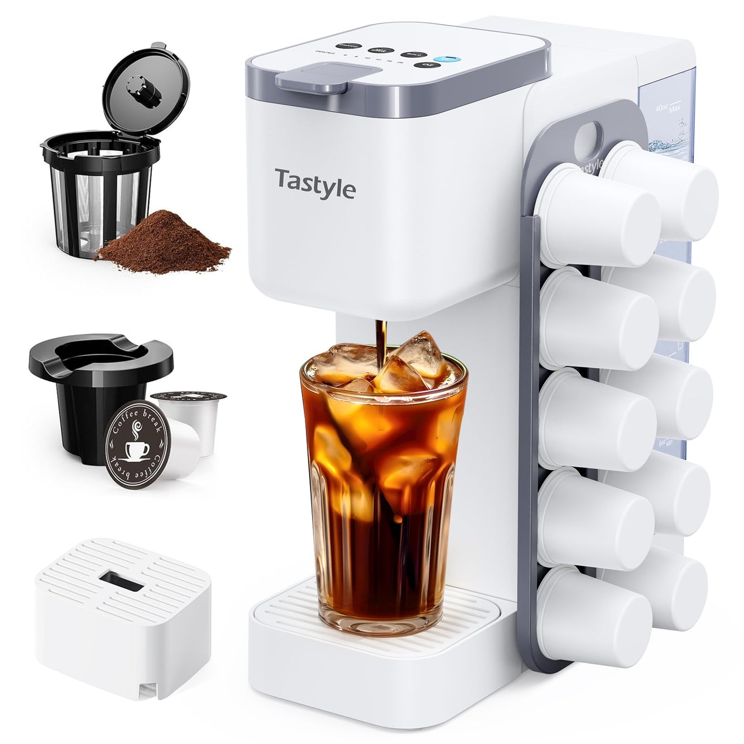Tastyle Hot & Iced Coffee Maker with Magnetic K-Pod Organizer (Pods Not Included), Stores 10 Pods, …