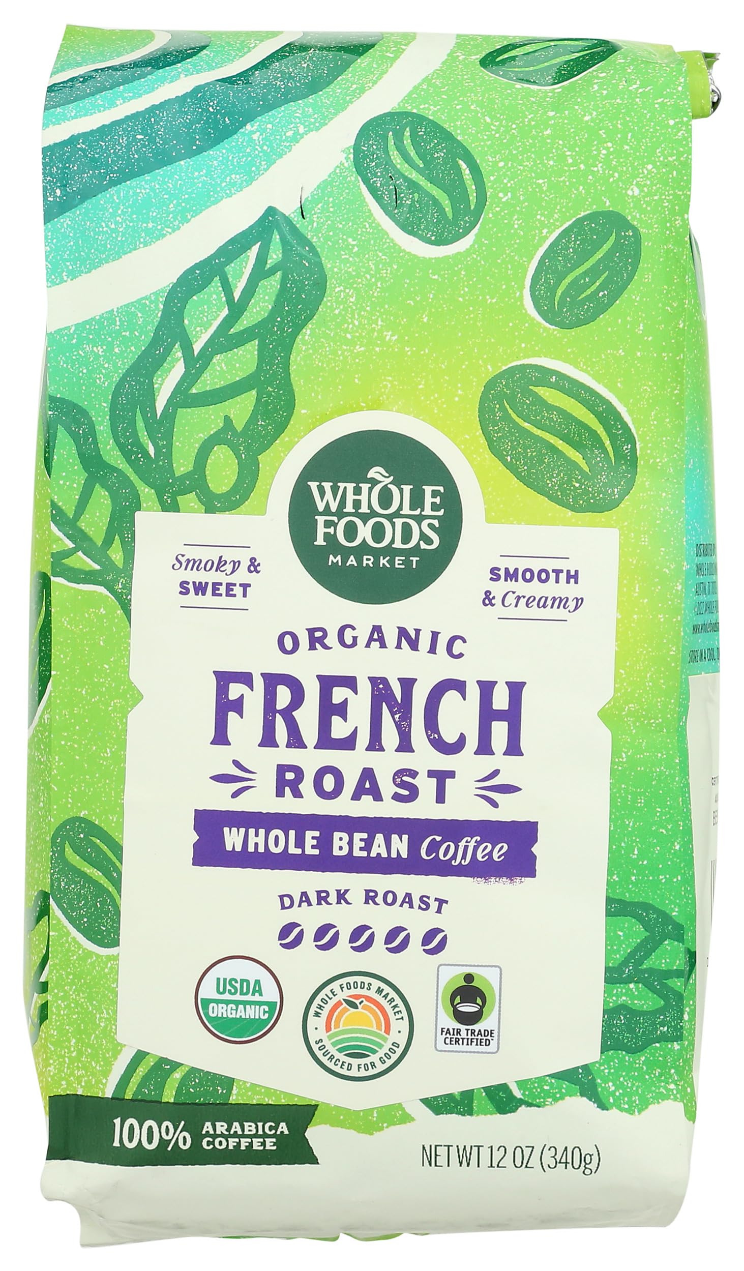 Whole Foods Market, Organic Whole Bean Coffee, Dark French Roast, Smoky & Sweet, Smooth & Creamy, 1…