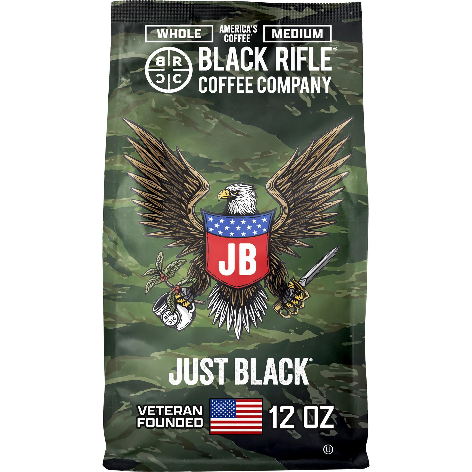Black Rifle Coffee Company Just Black, 12oz Bag, Whole Bean Medium Roast - Roasted Blend Made from …