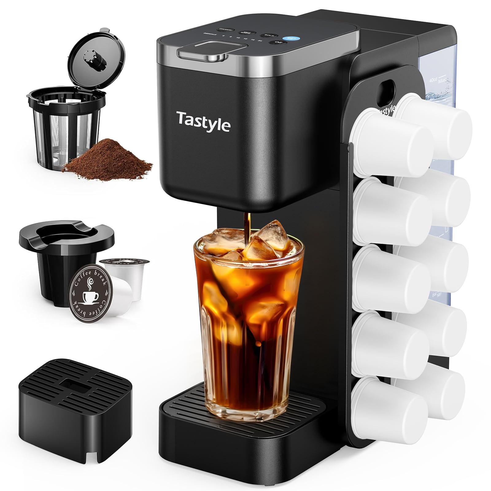Tastyle Hot & Iced Coffee Maker with Magnetic K-Pod Organizer (Pods Not Included), Stores 10 Pods, …