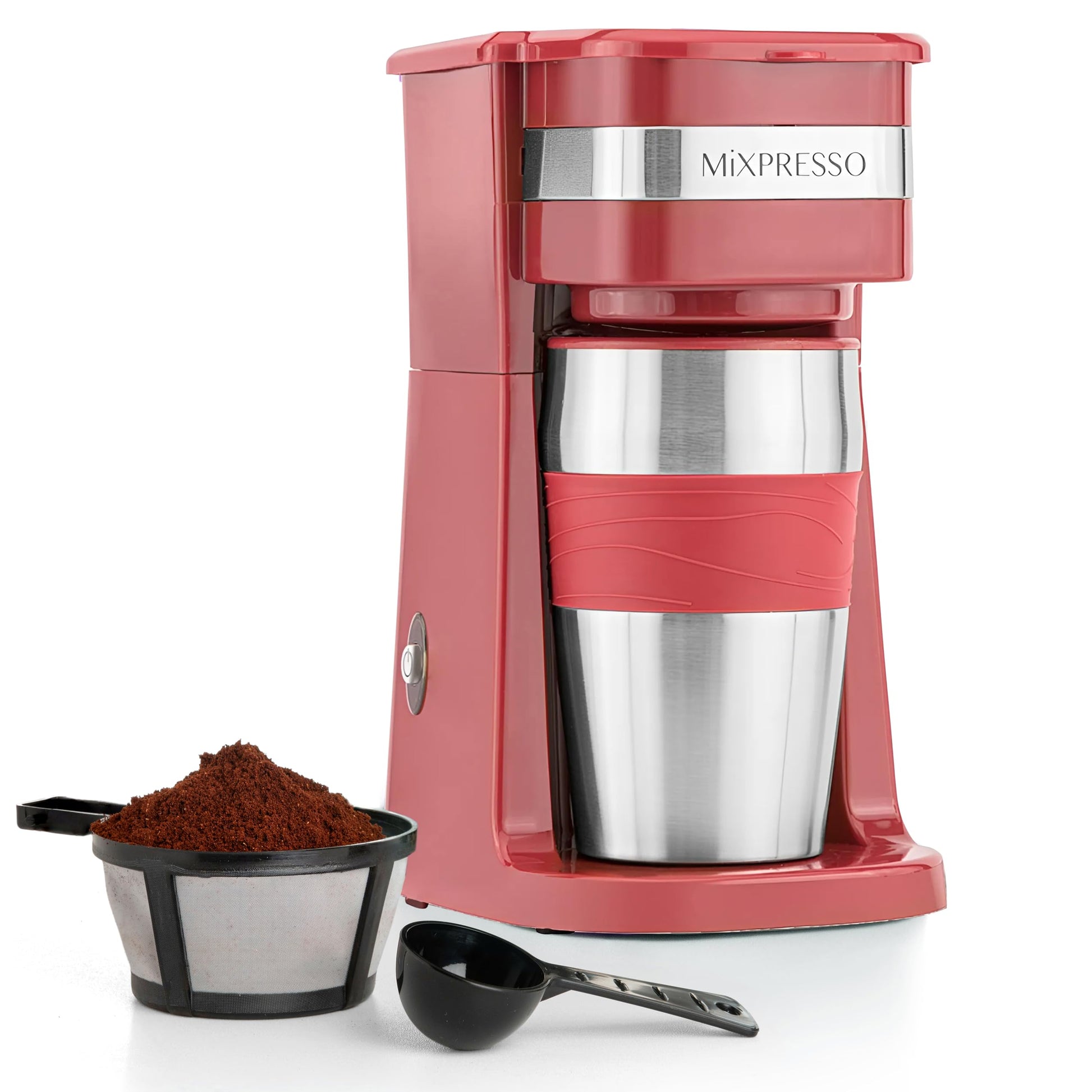 Mixpresso Red Personal Single Serve Coffee Maker with 14oz Travel Mug, Drip Small Coffee Maker with…