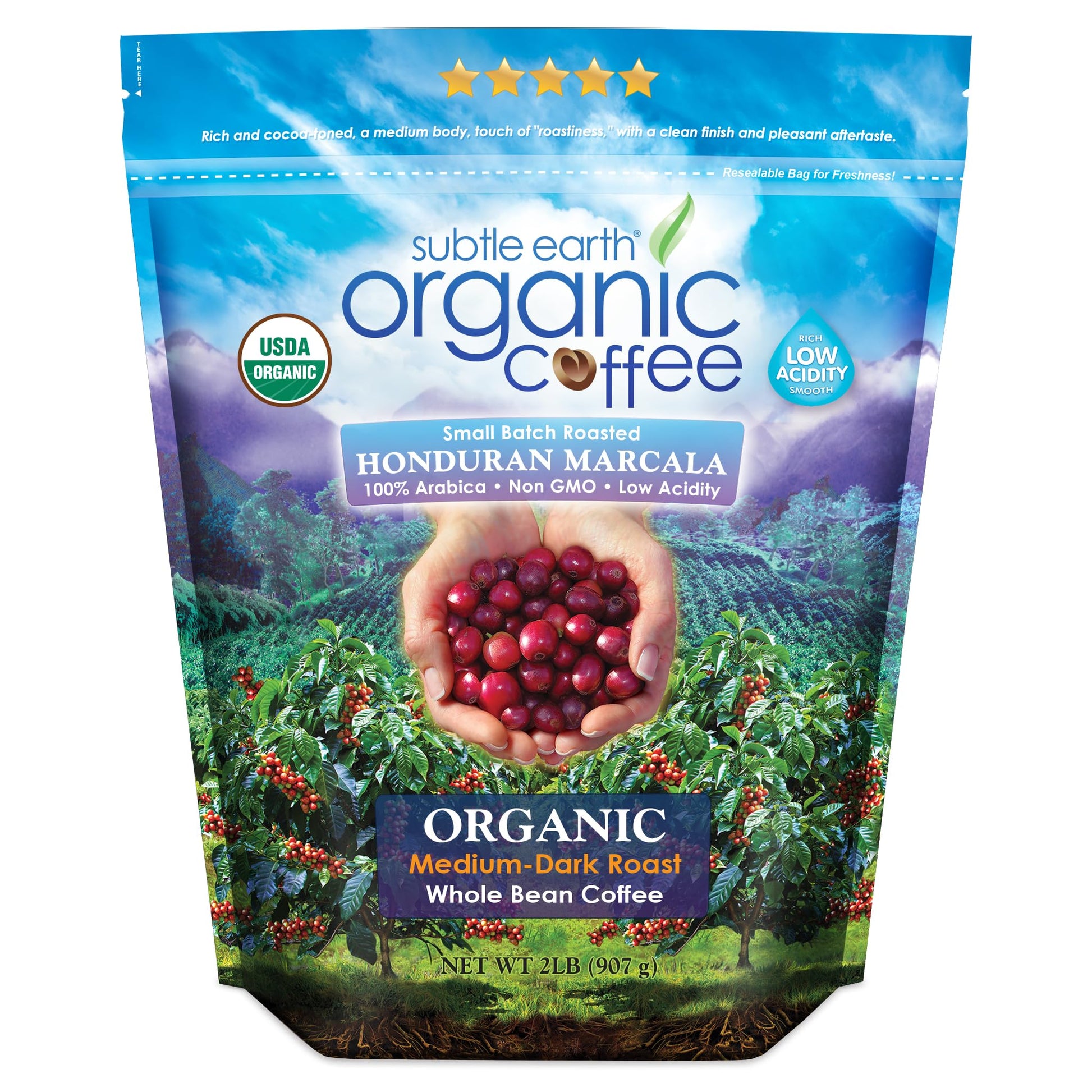 2LB Subtle Earth Organic Coffee - Medium-Dark Roast - Whole Bean Coffee - 100% Arabica Beans - Low …